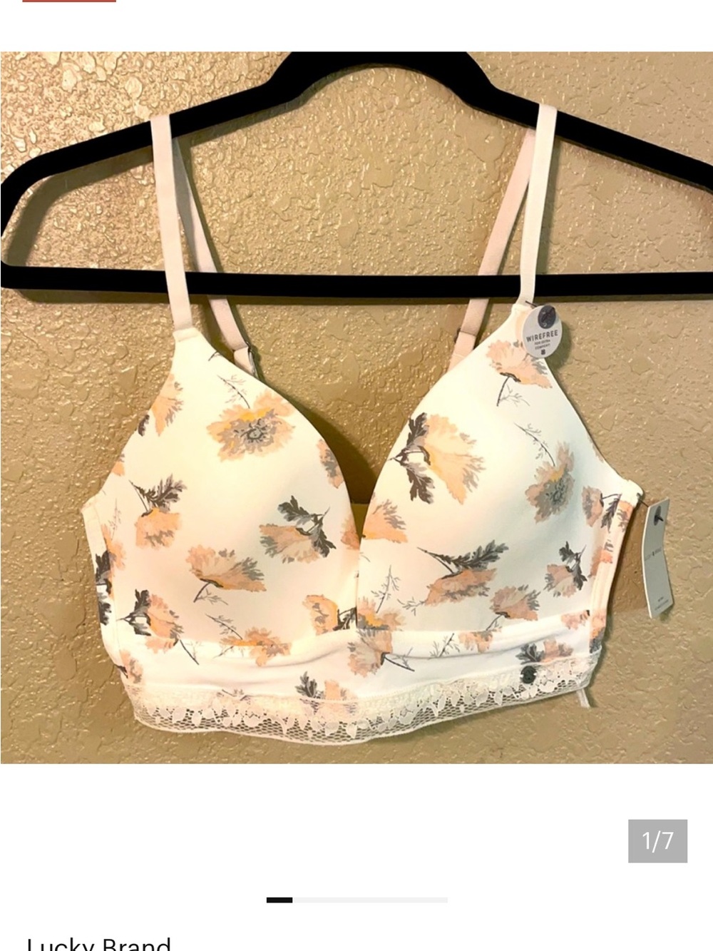 BNWT Lucky brand wire free white floral bra, size 36C